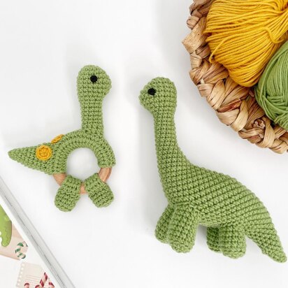 Crochet dinosaur Brontosaurus toy and baby teething rattle amigurumi pattern