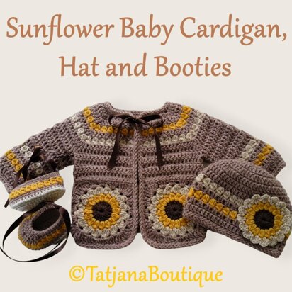 Sunflower Baby Cardigan, Hat and Booties