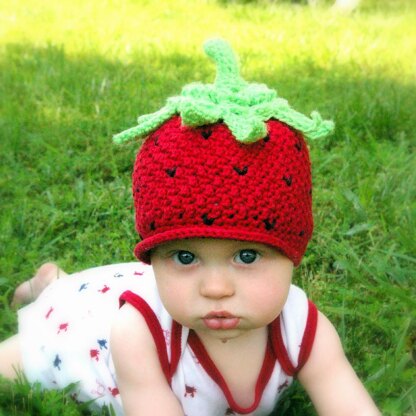 Crochet pattern strawberry beanie hat with peek-a-boo brim