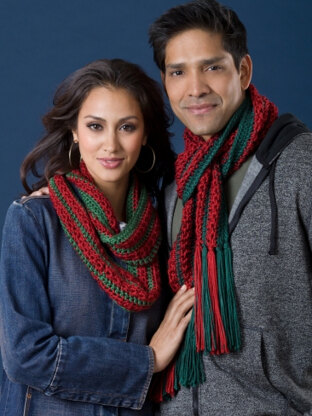 Her Infinity and His Fringed Christmas Cactus Scarves in Caron Simply Soft - Downloadable PDF