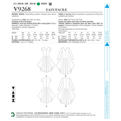 Vogue Misses' Knit, V-Neck, Draped Dresses V9268 - Paper Pattern, Size XS-S-M-L-XL-XXL