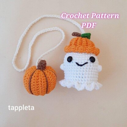 Ghost and Pumpkin car hanger crochet pattern, Halloween car accessories, crochet Ghost with pumpkin hat, Fall car decor, Halloween crochet