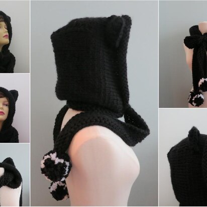 Cat Hoodie Scarf Pompoms - knitting pattern