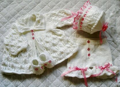 Knitting pattern Baby Doll Matinee Coat, Shorts, Bonnet & Mary jane Shoes