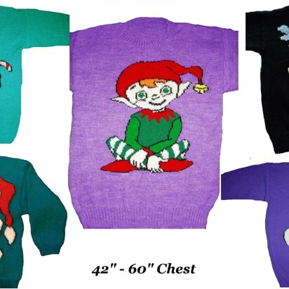 5 x Plus Size Christmas Jumper Knitting Patterns Santa Snowman Penguin Rudolph elf - knitting pattern