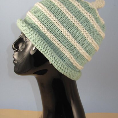 Stripe Roll Brim Topknot Beanie Hat