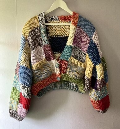 Stash buster patchwork cardigan Knitting pattern by Suzy Rai 
