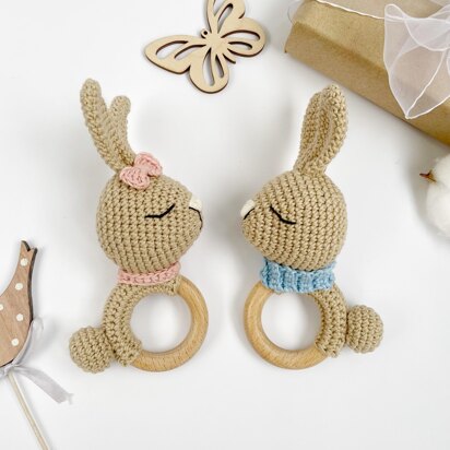 Crochet bunny pattern baby rattle toy Amigurumi rabbit teether