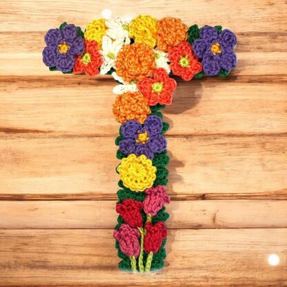 Floral letter T crochet applique pattern