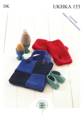 UKHKA 153 Baby Shoes, Egg Cosy, Wrist Warmers and Bag - UKHKA153pdf - Downloadable PDF