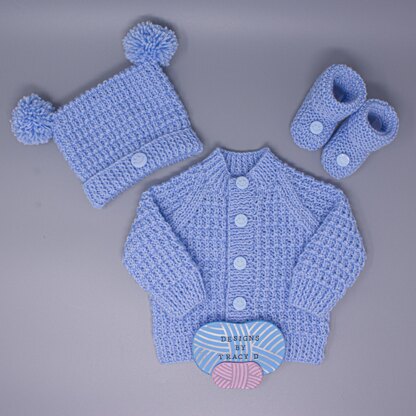 Rhys Baby Cardigan, Hat & Booties knitting pattern Unisex 0-12mths