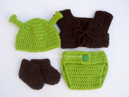 Shrek Baby Hat, Vest, Diaper Cover and Booties Costume