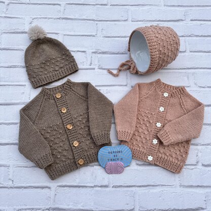 Thalia Baby Cardigan, Hat & Bonnet knitting pattern 0-6mths