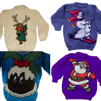 4 x Plus Size Christmas Jumper Knitting Patterns #12 Santa Tree Snowman Pudding