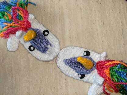 Knit rainbow unicorn mittens