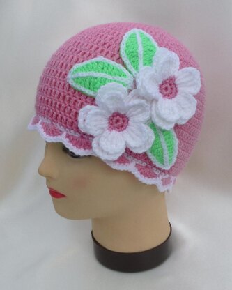 Crochet Baby Girl Beanie Hat with flowers Apple Blossoms