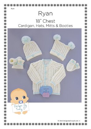 Ryan Baby cardigan, Hats, Booties & Mitts knitting pattern 18inch chest size