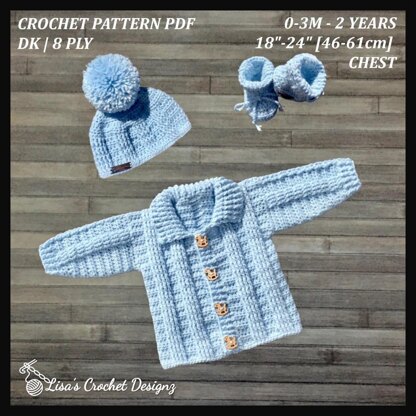 Zeb Cardigan Hat and Booties Set 0-3M - 2 Yrs