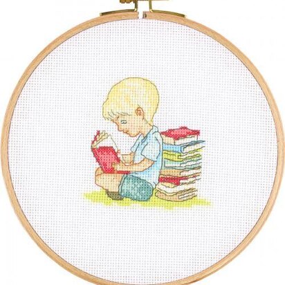 Creative World of Crafts Bookworm Boy Cross Stitch Kit - 26cm Diameter