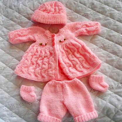 Dolls clothes knitting pattern Cable Matinee Coat, leggings, Hat and Boots