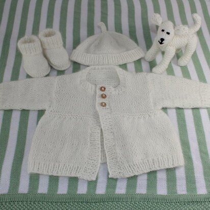 New Baby Matinee Coat, Booties Beanie and Toy Lamb
