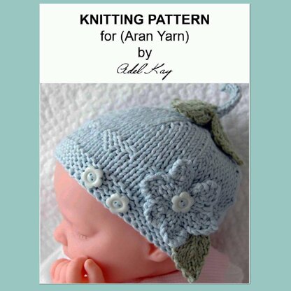 Orla Multi-size Flower and Hearts Button Baby Reborn Doll Hat Aran Yarn Knitting Pattern by Adel Kay