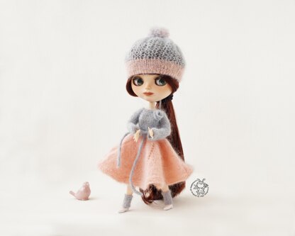 Pink and gray outfit for doll knitted flat