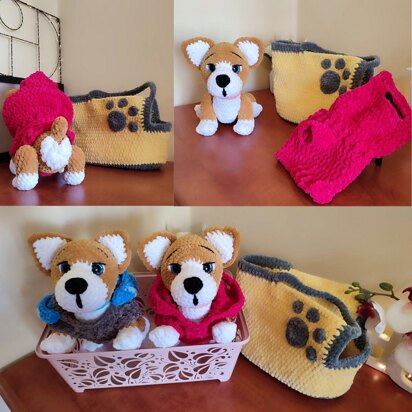3 Crochet pattern dog+ jumpsuit+ bag, Crochet Corgi Puppy