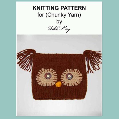 Pedr Owl Bird Animal Beanie Ski Hat Children Ladies Chunky Yarn Knitting Pattern by Adel Kay