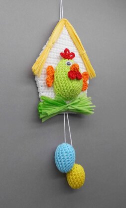 Hanging decoration chicken house - simple from scraps of yarn