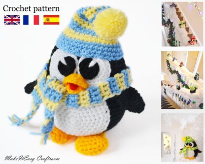 Crochet penguin. Christmas penguin. Bannister decor. Christmas decor idea. Staircase decoration. Xmas craft project