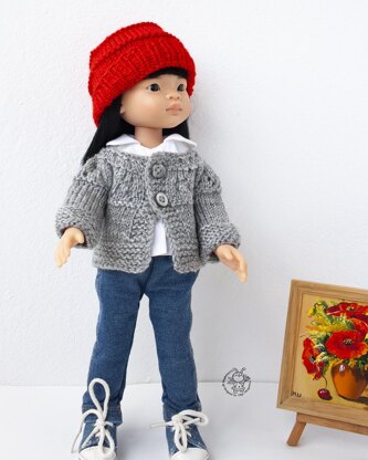 Outfit Red and gray for 13" dolls knitted flat