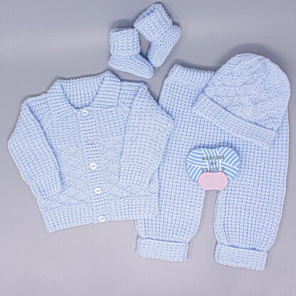 Gareth Unisex Pram set. Cardigan, Trousers, hat & booties 18-20" chest size