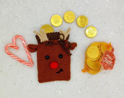 PDF Christmas DK Knitting Pattern Decoration Chocolate Coin Bags Gift Charity knit EASY Christmas Eve Box Robin Snowman Reindeer