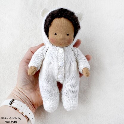 Knitted hooded jumpsuit for 7"/18 cm doll