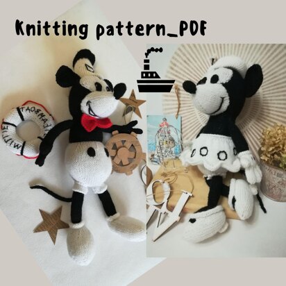 Knitting patterns for Mickey Mouse and Minnie Mouse toys based on Steamboat Willi