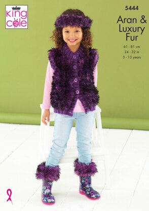 Jacket, Gilet, Boot Toppers, Hat & Headband in King Cole Fashion Aran & Luxury Fur - 5444 - Downloadable PDF