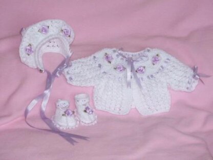 Matinee Coat, Bonnet and Shoes size Prem or 15 inch doll