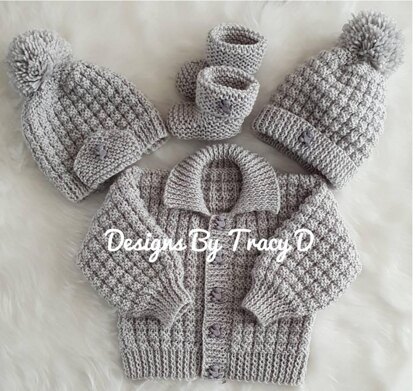 Noah baby cardigan, hat and booties knitting pattern 3 sizes 0-12mths