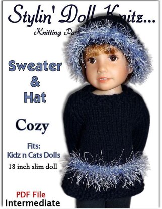 Sweater and Hat Pattern,  fits Kidz n Cats Dolls. 18" slim doll