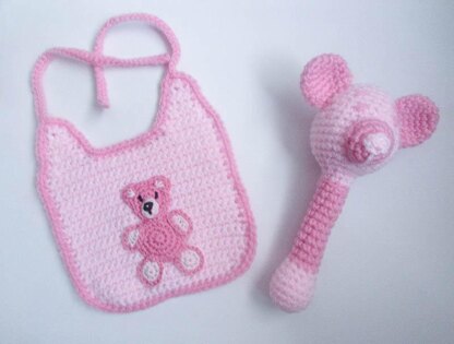 Teddy Bear Baby Bib and Rattle