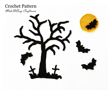 Halloween appliques Crochet tree Vampire Bat Moon Grass Patch Crochet pattern Halloween decoration Crochet card topper Spooky embellishments