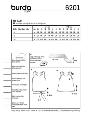 Burda Style Misses' Tank Top â€“ Flared Form with Waistband and Tie Bands B6201 - Paper Pattern, Size 8-18