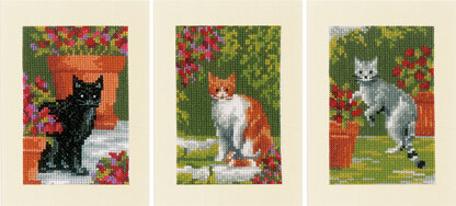 Vervaco Greeting Card Kit Cats Between Flowers Set of 3