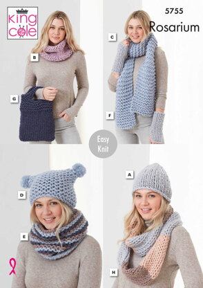 Hats, Snoods, Wristwarmers, Scarf, Bag and Loop Knitted in King Cole Rosarium - 5755 - Downloadable PDF