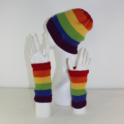 Rainbow Beanie and Wristwarmers