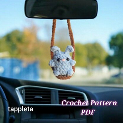Bunny on a swing crochet pattern, Baby bunny plushie car hanger crochet, Car decor crochet, Bunnies lover gift handmade, Car accessory DIY