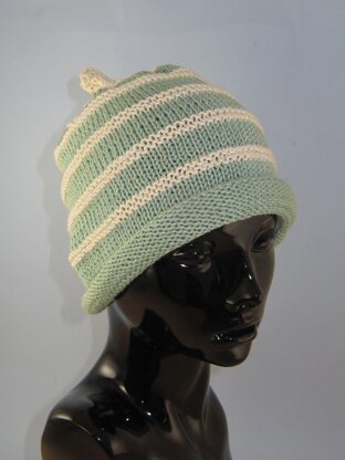 Stripe Roll Brim Topknot Beanie Hat