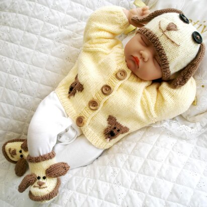 Baby Knitting Pattern Dog Cardigan Hat Boots Reborn Doll 0-3 Month Baby