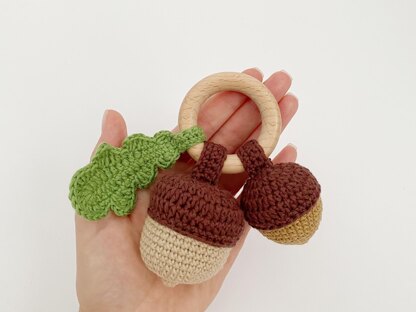 Acorns with leaf crochet pattern Baby rattle toy Amigurumi teether ring Sensory toy pattern